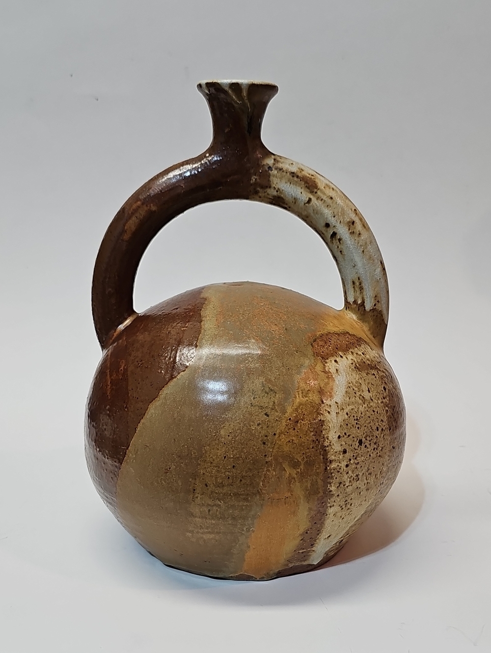 Vintage Brown + Tan Studio Pottery Ceramic Vessel, Stirrup Spout Bottle - Signed